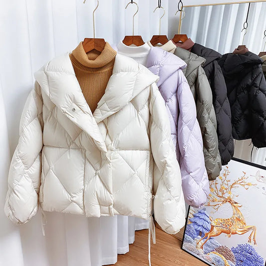 Duck Down Short Jacket Thick Warm Loose Cocoon Type Hooded Diamond Puffer Coat