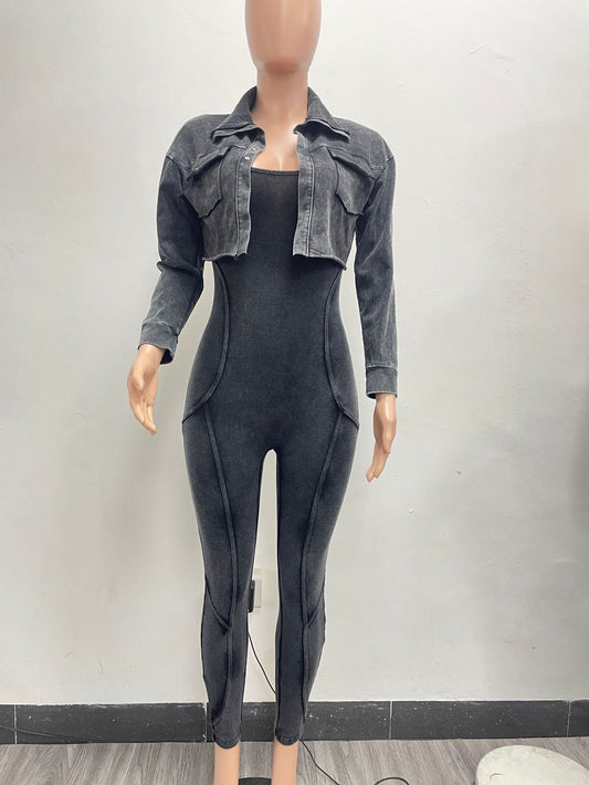 Knitted Long Sleeve V-neck Coats+pencil Jumpsuits Two 2 Piece Set