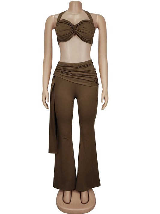 New Chic Twist Front Crop Top And Long Straps Wide Legs Pants Set