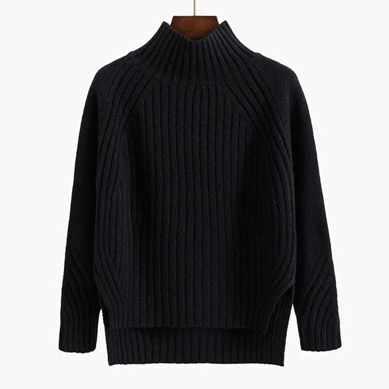 Solid Mock Neck Loose Pullover Sweaters Knit Split Stripe Jumpers