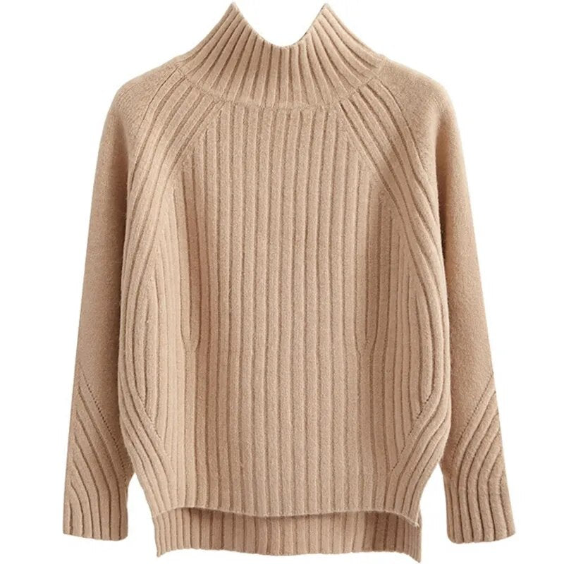Solid Mock Neck Loose Pullover Sweaters Knit Split Stripe Jumpers