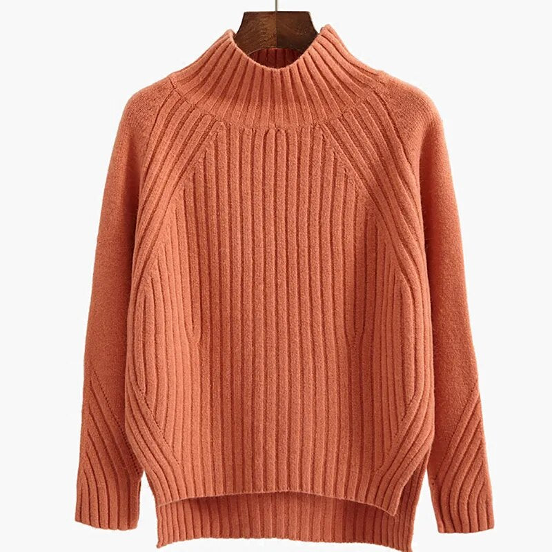 Solid Mock Neck Loose Pullover Sweaters Knit Split Stripe Jumpers