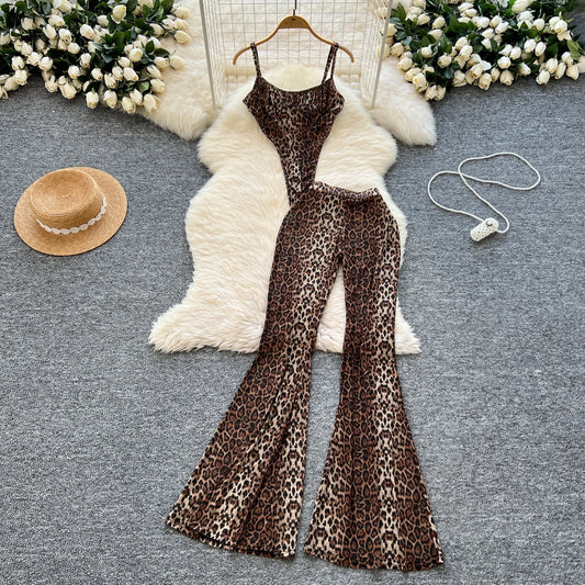 Leopard 2pcs Suits Strap Tops+Elastic Waist Flared Pants