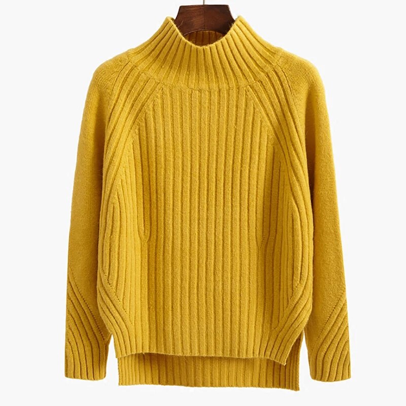 Solid Mock Neck Loose Pullover Sweaters Knit Split Stripe Jumpers